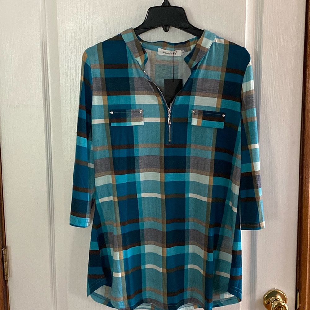 Ninedaily 3/4 plaid tunic blouse, size large, blue NWT